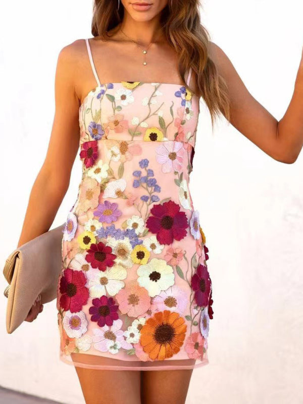 New women's three-dimensional flower embroidery suspender dress skirt