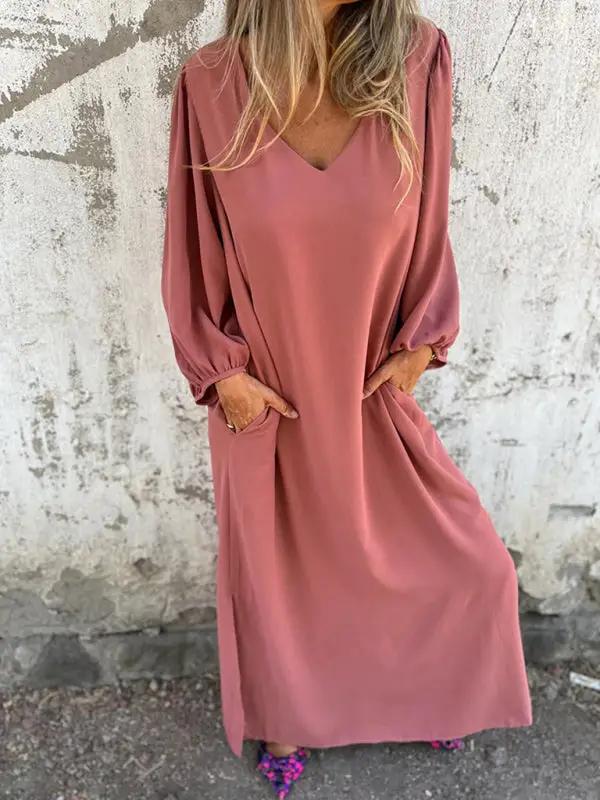 Casual loose V-neck solid color women's lantern sleeve dress