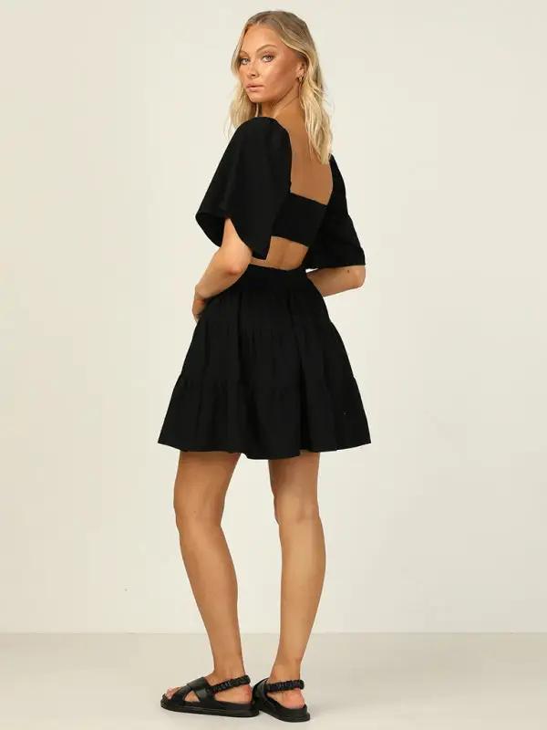 New sweet short backless hollow elastic waist dress