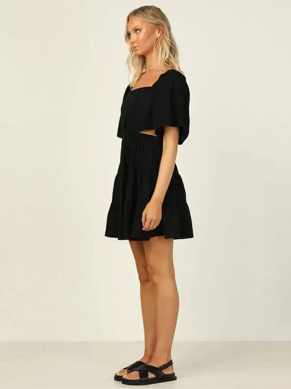 New sweet short backless hollow elastic waist dress