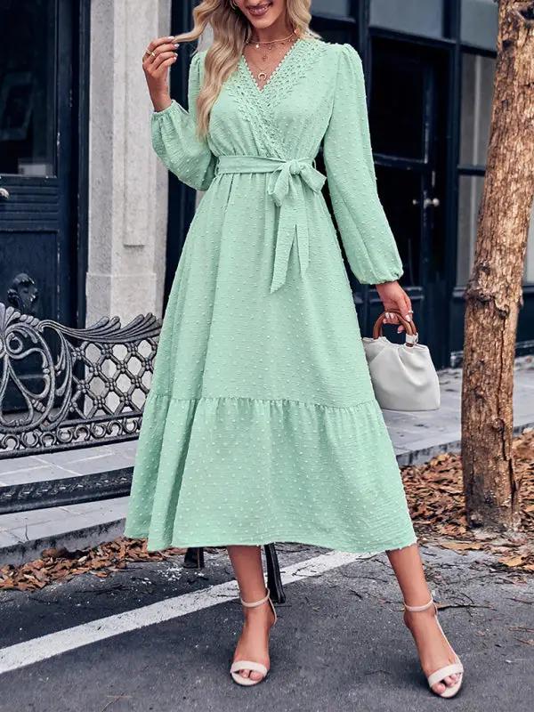 Women's fashionable solid color V-neck lace waist-tie long dress