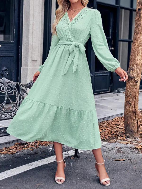 Women's fashionable solid color V-neck lace waist-tie long dress