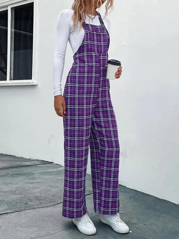 Women's casual plaid overalls jumpsuit