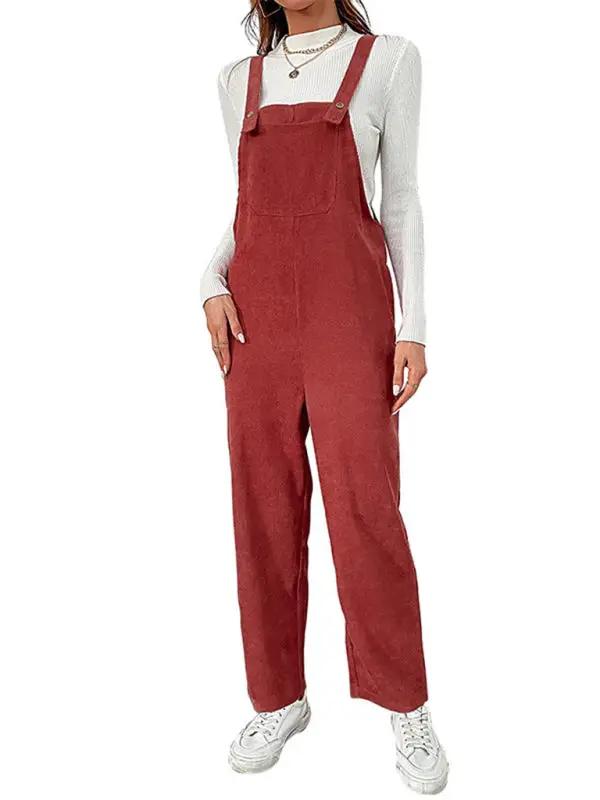 New women's solid color loose suspender corduroy wide leg jumpsuit