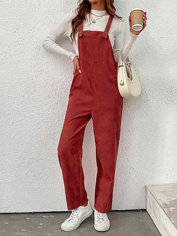 New women's solid color loose suspender corduroy wide leg jumpsuit