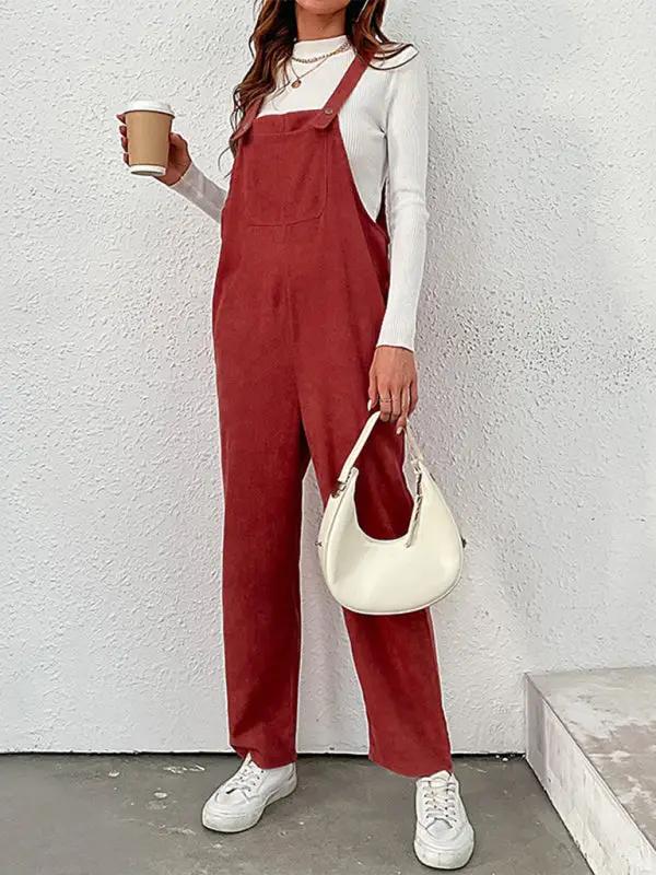 New women's solid color loose suspender corduroy wide leg jumpsuit