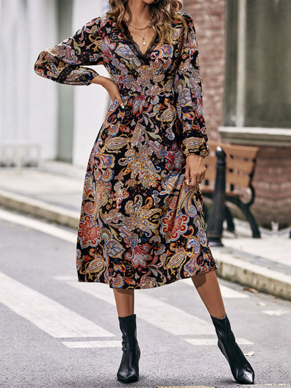 Women's Elegant Full Body Printed Long Sleeve Dress