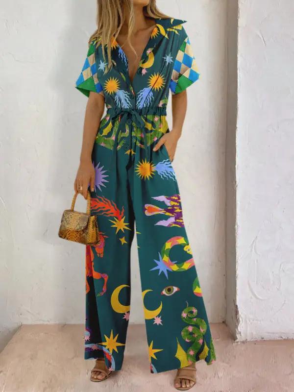 Women's street style women's printed cotton trousers jumpsuit high waist casual pants