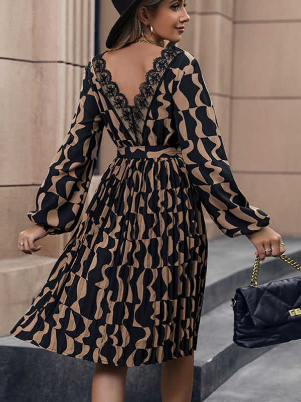 New Elegant Printed Long Sleeve Dress Mid-Length