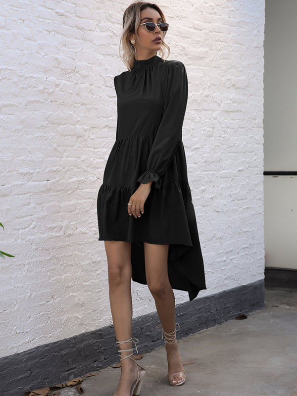 New women's solid color long sleeve irregular half turtleneck dress