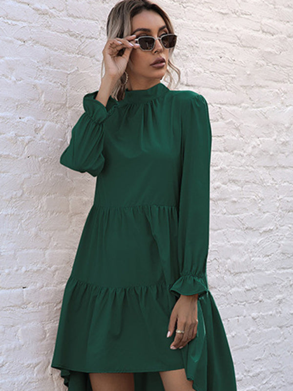 New women's solid color long sleeve irregular half turtleneck dress