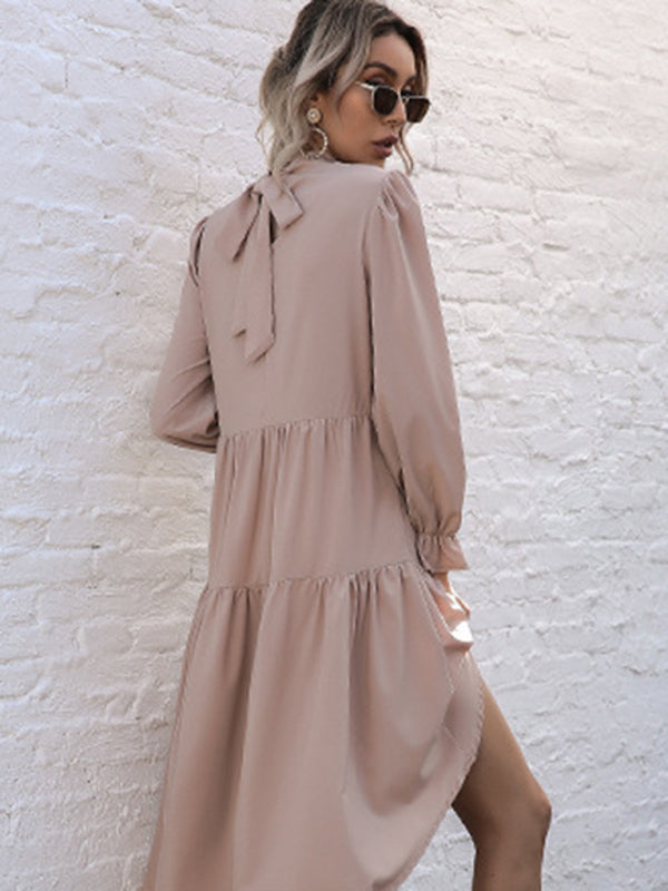 New women's solid color long sleeve irregular half turtleneck dress