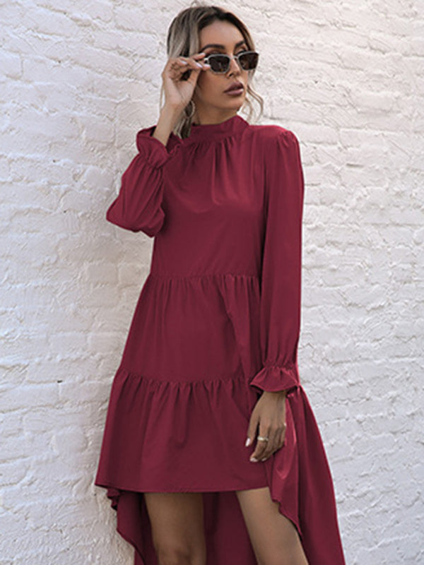 New women's solid color long sleeve irregular half turtleneck dress