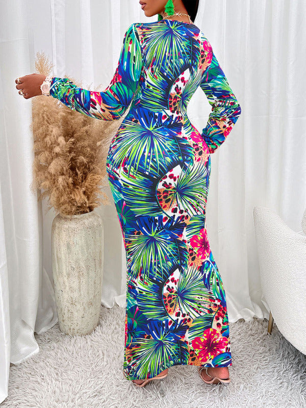 Printed V-neck waisted slit long-sleeved dress