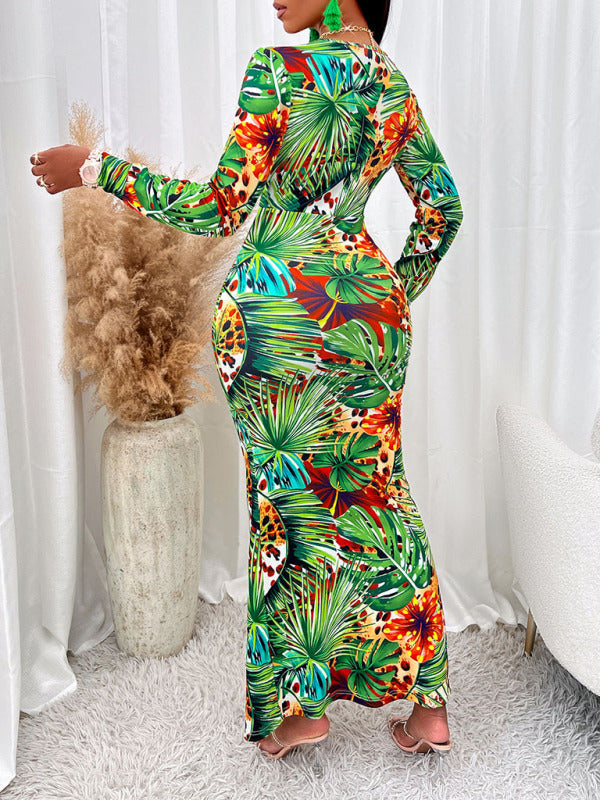 Printed V-neck waisted slit long-sleeved dress