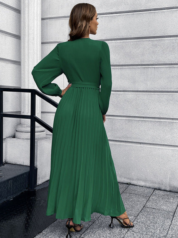 V-neck long-sleeved pleated A-line midi dress