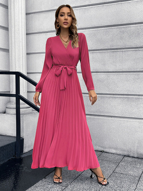 V-neck long-sleeved pleated A-line midi dress