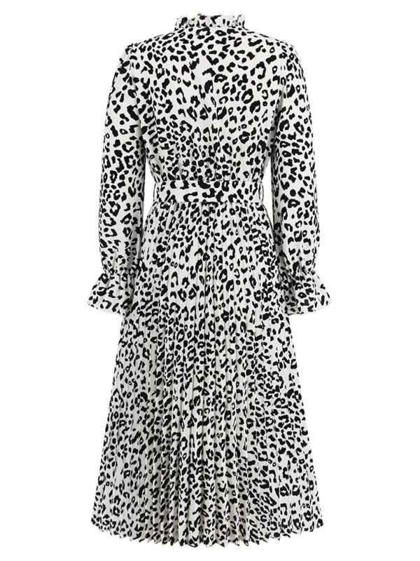 Leopard print stand collar lace up pleated skirt casual midi dress