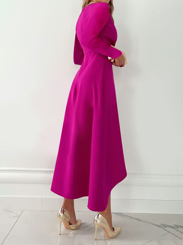 Women's Long Sleeve V-Neck Gathered Hem Slit Dress