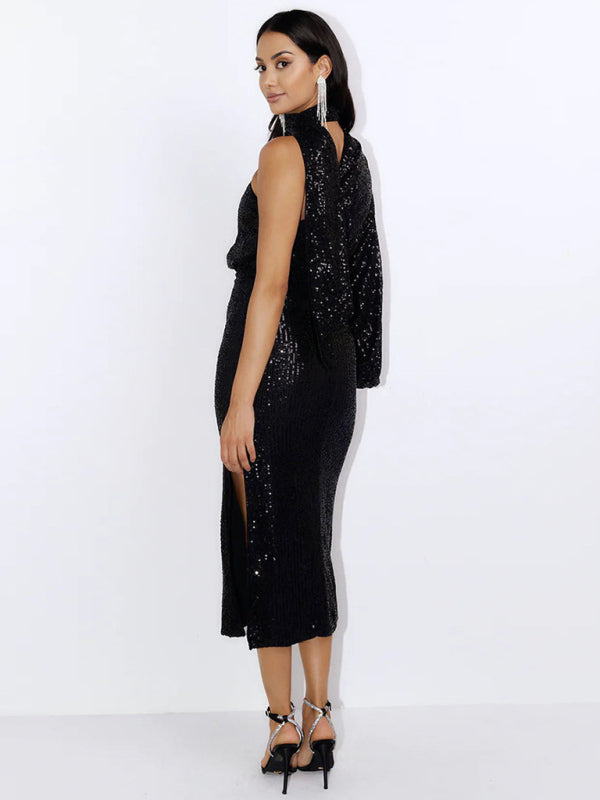 scarf slit evening dress one shoulder sequins