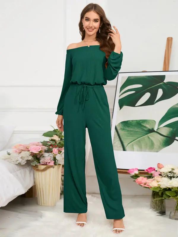 One-shoulder long-sleeved slim-waisted wide-leg jumpsuit