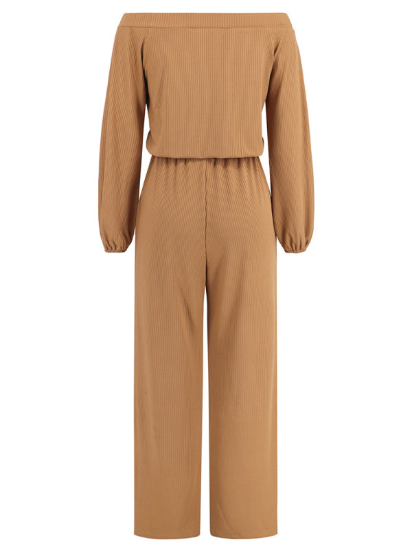 One-shoulder long-sleeved slim-waisted wide-leg jumpsuit