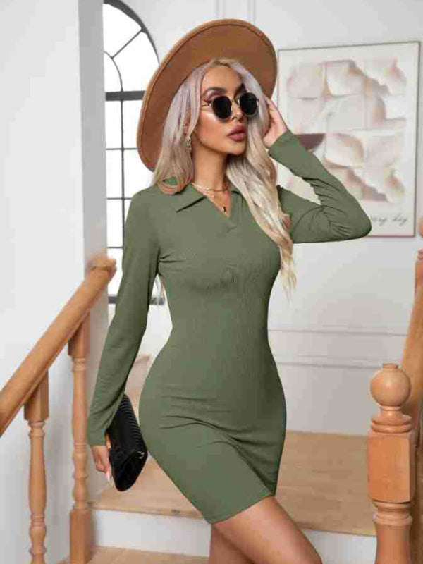 New pit lapel long sleeve short skirt hip-hugging bottoming dress