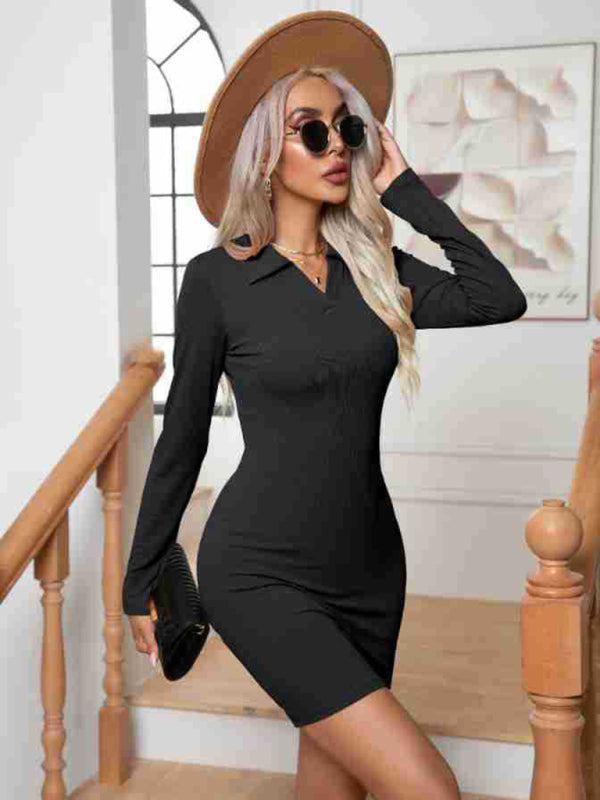 New pit lapel long sleeve short skirt hip-hugging bottoming dress