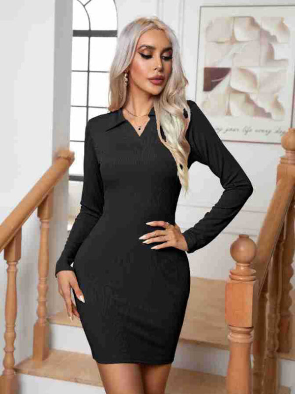 New pit lapel long sleeve short skirt hip-hugging bottoming dress