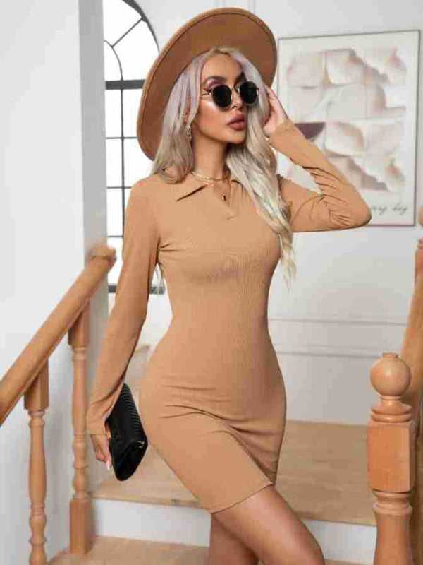 New pit lapel long sleeve short skirt hip-hugging bottoming dress