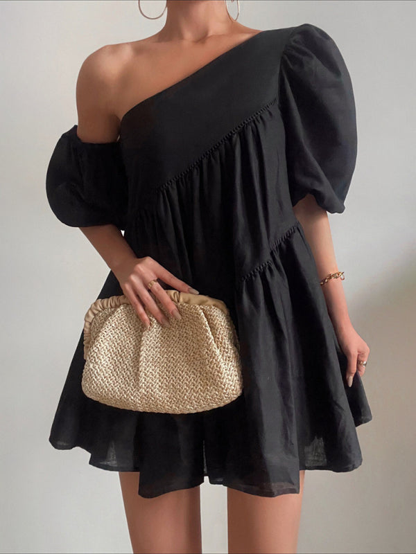 Women's casual loose off-shoulder puff sleeve patchwork short-sleeved dress irregular skirt