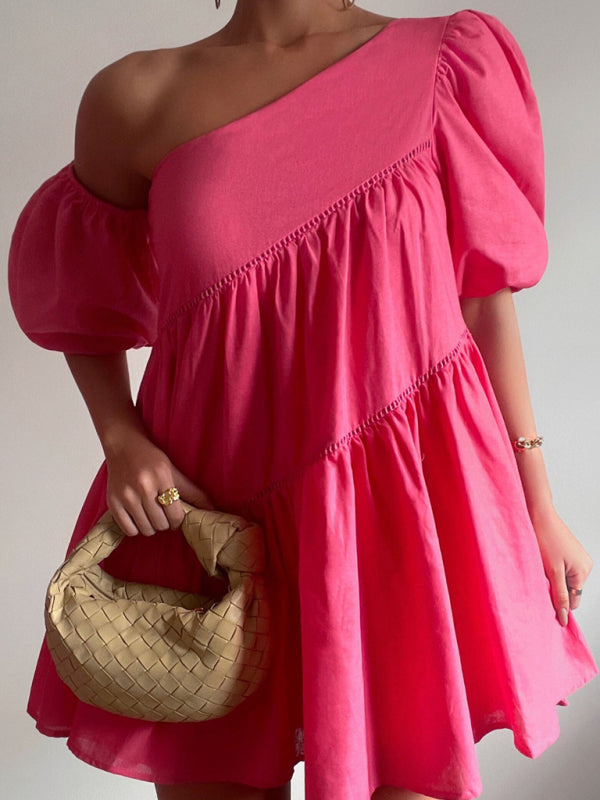 Women's casual loose off-shoulder puff sleeve patchwork short-sleeved dress irregular skirt