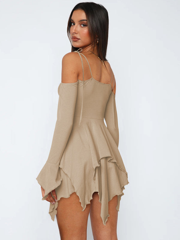 Women's halter long sleeve irregular hem dress