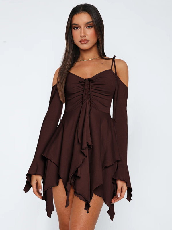 Women's halter long sleeve irregular hem dress