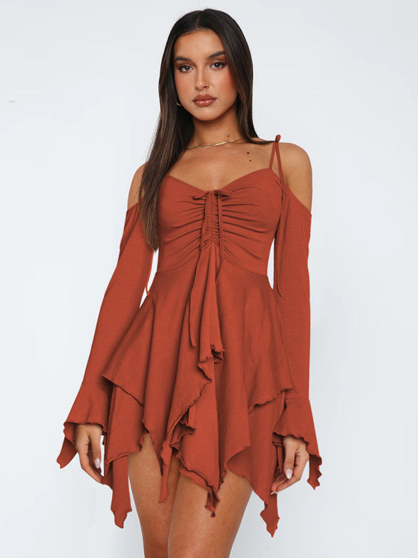 Women's halter long sleeve irregular hem dress