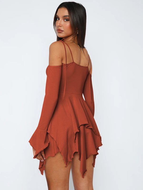 Women's halter long sleeve irregular hem dress