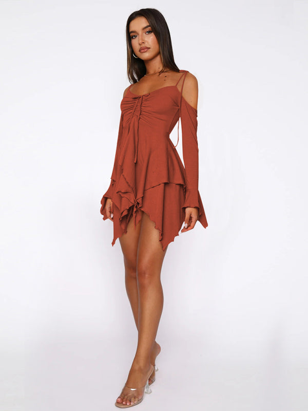 Women's halter long sleeve irregular hem dress