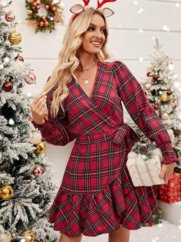 New Christmas plaid printed V-neck puff sleeve ruffled hem drawstring dress