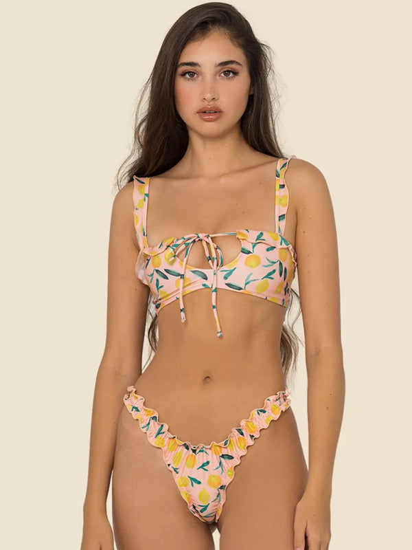 Women's new multi-color printed small fresh swimsuit lace split swimsuit bikini