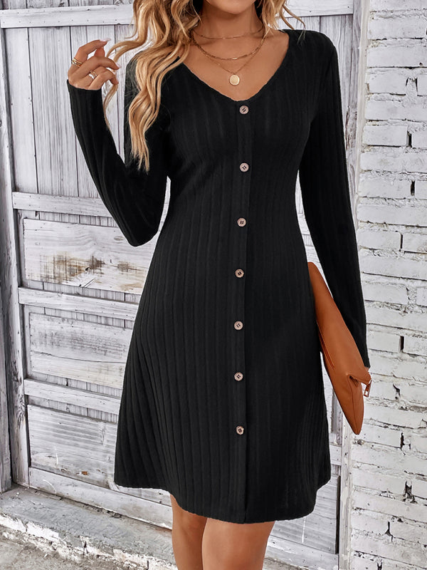 Women's Fashion Button Waist Long Sleeve Dress