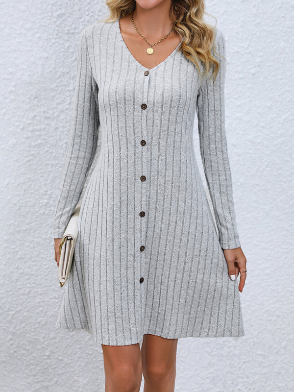 Women's Fashion Button Waist Long Sleeve Dress