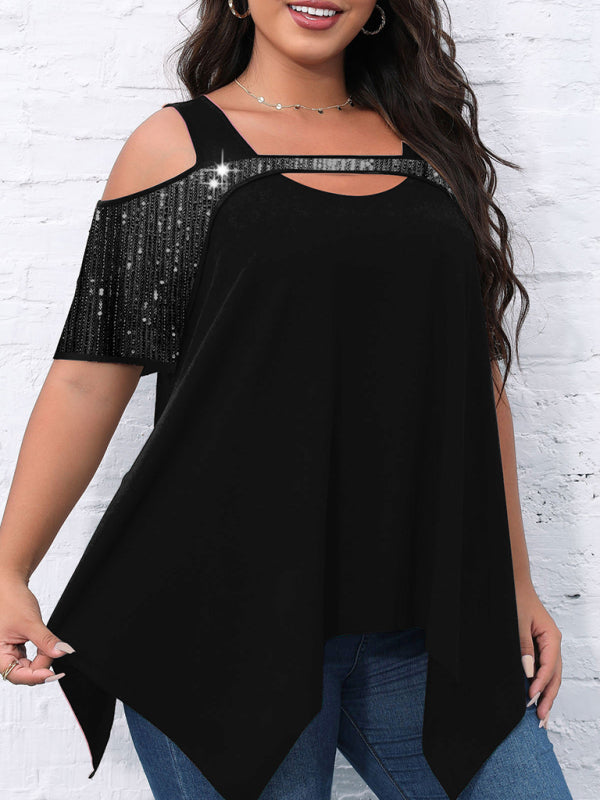 Short-sleeved women's sequined hollow Irregular wide hem T-shirt