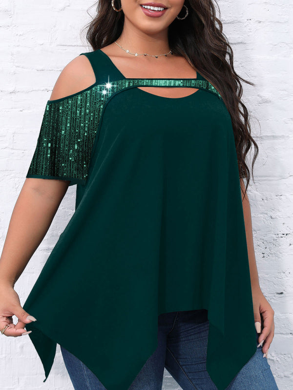 Short-sleeved women's sequined hollow Irregular wide hem T-shirt