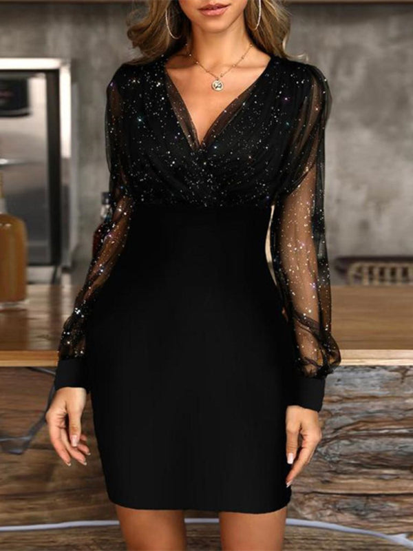 Mesh V-neck sequined long-sleeved dress slim dress for women