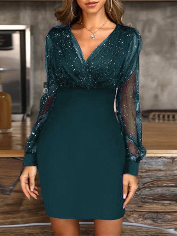 Mesh V-neck sequined long-sleeved dress slim dress for women