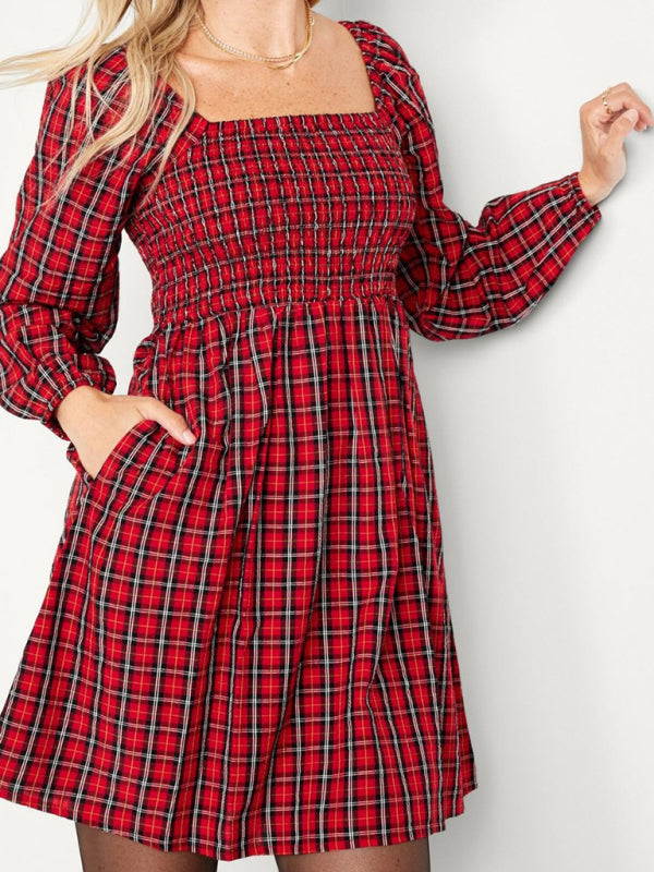 New square collar plaid long sleeve slim dress