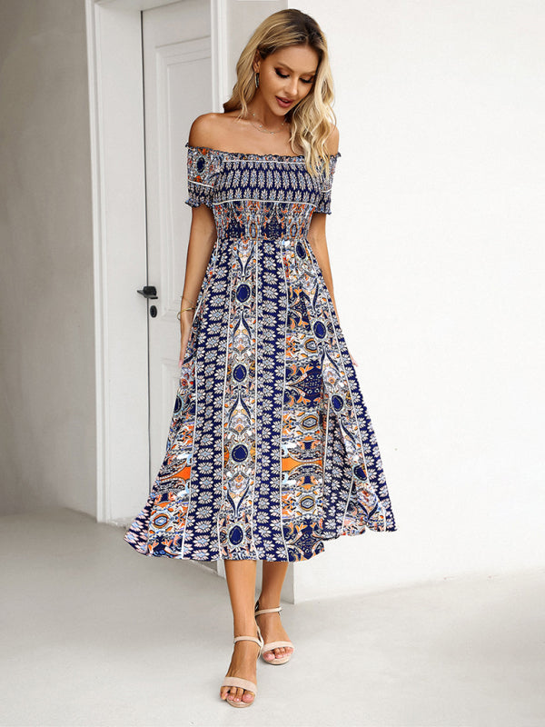 Women's one-shoulder bohemian slit dress