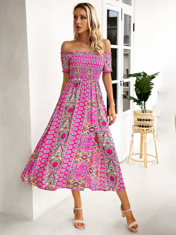 Women's one-shoulder bohemian slit dress