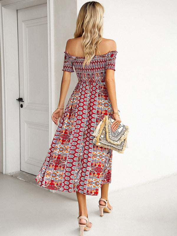 Women's one-shoulder bohemian slit dress