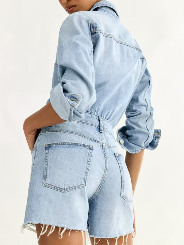 New Women's Denim Short Long Sleeve Lapel Women's Jumpsuit